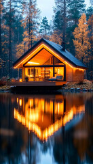 Fototapeta premium Illuminated modern cabin reflected in tranquil lake at dusk