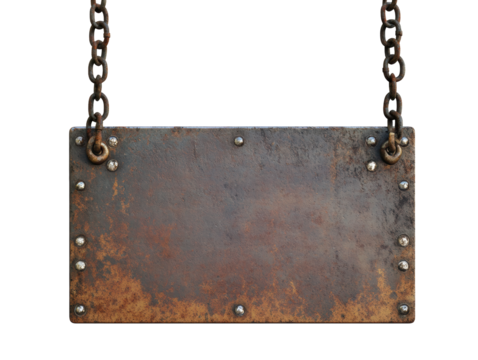 Isolated Rusted Metal Sign Hanging by Chains with Rivets