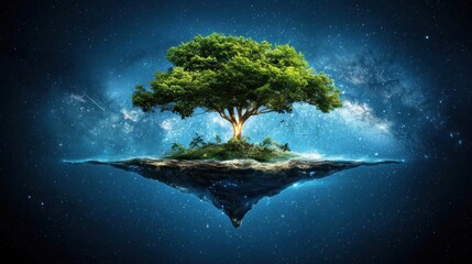 a floating island with a glowing tree, set against an abstract cosmic background, arranged by a professional photographer with dramatic studio lighting for a dreamlike atmosphere