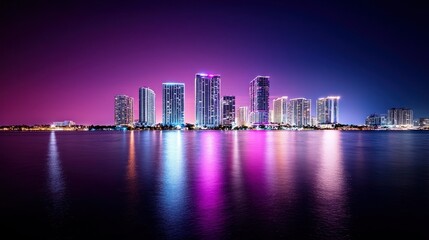 cityscape glowing in neon hues, set against a deep purple aesthetic background, arranged by a professional photographer with cinematic studio lighting for a nostalgic cyberpunk feel