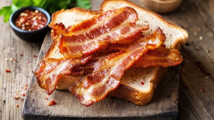 Crispy bacon strips laid over the sandwich filling.