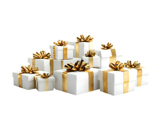 The image features a pile of white gift boxes with gold ribbons, suitable for various celebrations.