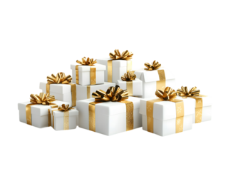 The image features a pile of white gift boxes with gold ribbons, suitable for various celebrations.