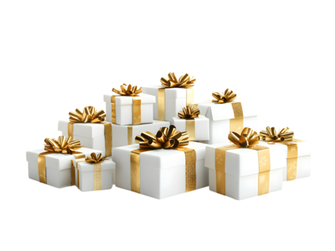 The image features a pile of white gift boxes with gold ribbons, suitable for various celebrations.