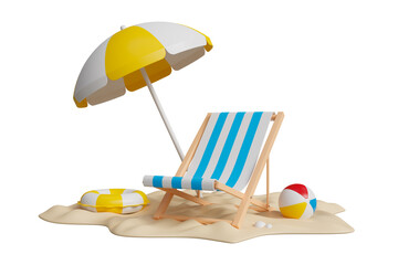 Beach Chair, Yellow Umbrella and Ball on beach isolated on white background, Summer holiday, vacation and travel concept, 3d render