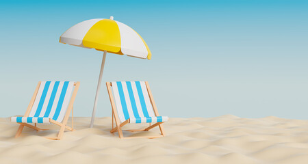 Beach Chair and Yellow Umbrella  on beach, Summer holiday, vacation and travel concept, 3d render