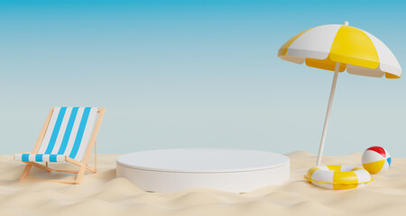 White poduim with Beach Chair, Yellow Umbrella and Ball on beach, showcase product, Summer holiday, vacation and travel concept, 3d render
