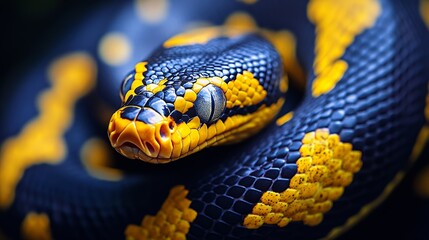 Obraz premium Closeup Of Coiled Snake With Dark Blue And Yellow Scales