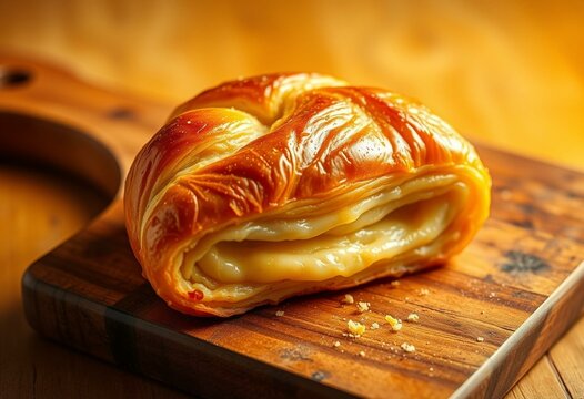 Golden-brown Danish Pastry on rustic wooden cutting board