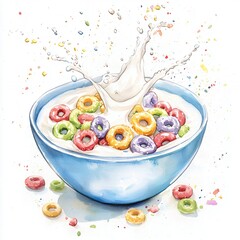 Colorful Cereal Rings Splashing in Milk Bowl Watercolor Illustration