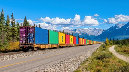 Fototapeta premium Colorful Cargo Train on Scenic Railway Through Mountain Landscape