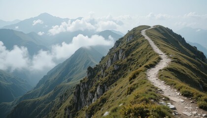 Scenic Mountain Trail Overlooking Lush Green Valleys and Clouds