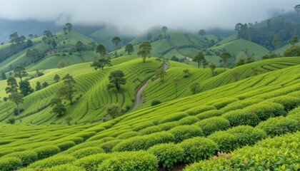 Obraz premium Lush Green Tea Plantations Under Cloudy Sky in Scenic Landscape