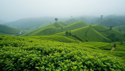 Fototapeta premium Lush Green Tea Plantations Rolling Hills in Misty Landscape