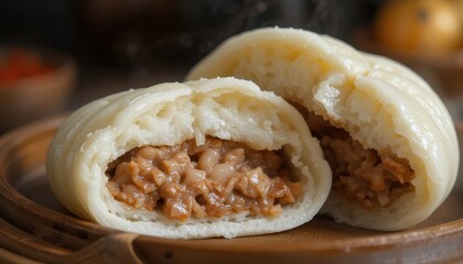 Delicious Steamed Buns Filled with Savory Meat Close up Shot of Fluffy Asian Food