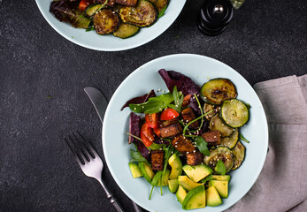 Healthy vegan keto salad with tofu and avocado