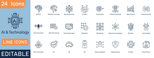 Set of 24 AI and technology line icons. Includes AI, automation, chatbot, blockchain, cybersecurity, cloud computing, IoT, VR, AR, data encryption, neural network, and more. Fully editable vector.