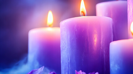 Lavender candles burning brightly, soft light, floral accents