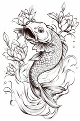 Obraz premium Leaping koi fish amidst stylized floral swirls and water