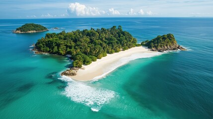 Fototapeta premium Aerial View of a Tropical Island Surrounded by Turquoise Waters and White Sand Beaches - Exotic Paradise and Travel Destination