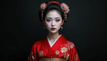 Elegant Japanese Woman in Traditional Attire Against Dark Background