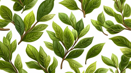 Fototapeta premium Lush green leaves and twigs pattern on white background