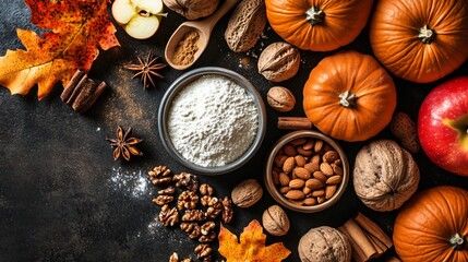 Fototapeta premium Cozy Fall Baking Ingredients and Spices Arranged in Autumn Style Presentation.