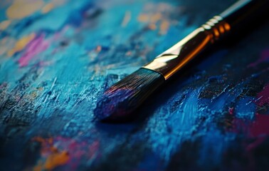 Fototapeta premium Paintbrush Resting on a Colorful Artistic Palette with Paint Strokes