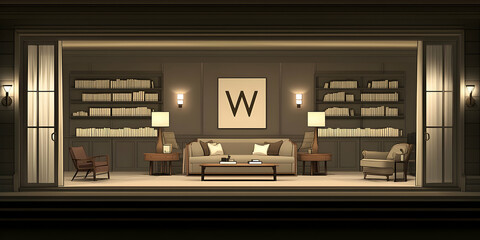 Evening living room interior design, calm ambiance, bookshelves, comfy seating.  Perfect for home decor websites