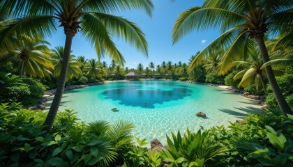 Serene Tropical Lagoon Surrounded by Lush Palm Trees and Blue Water