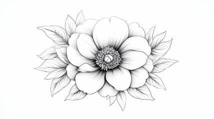 Monochrome floral illustration; delicate peony with leaves