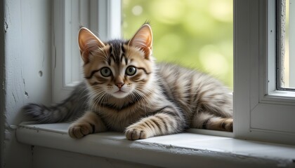 cat on window sill, Adorable Striped Kitten by the Window: Nature's Serenity Indoors