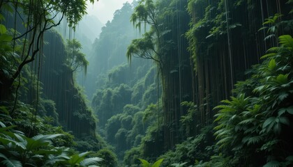 Lush Tropical Rainforest with Dense Greenery and Misty Background