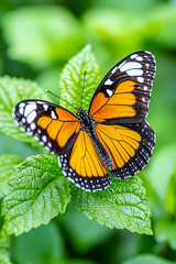 Fototapeta premium Orange butterfly perched on vibrant green leaves