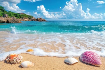 Obraz premium Beautiful beach with colorful seashells and gentle waves under a clear blue sky in a tropical paradise