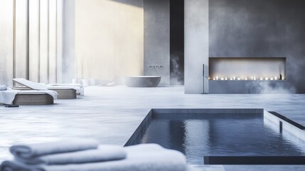 Serene Spa Interior: Modern Minimalist Design with Indoor Pool and Fireplace