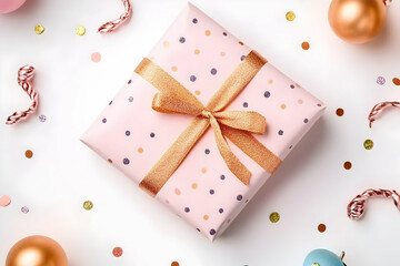 Pink gift box with gold ribbon and confetti