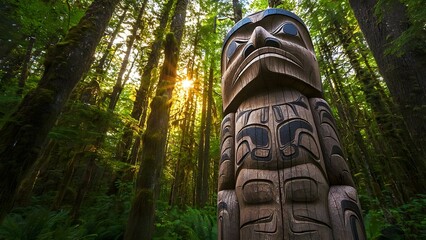 A totem pole amidst a lush forest, with sunlight streaming through the trees, highlighting its intricate carvings. Concept Totem Pole Art, Forest Serenity, Intricate Carvings, Sunlight Effects