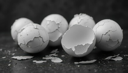 Cracked Eggshells on Dark Background with Fragments and Texture