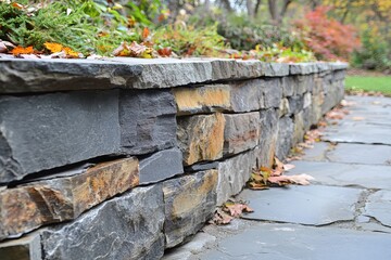 Autumnal Stone Wall Landscape Architecture Design Rustic Grey Brown Natural Building Exterior Retaining Wall Garden Pathway Autumn Leaves dry rock    