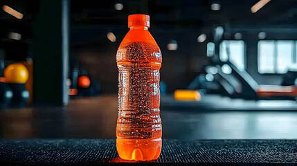 Refreshing sports drink bottle in gym; workout equipment blurred background; healthy lifestyle concept; fitness imagery