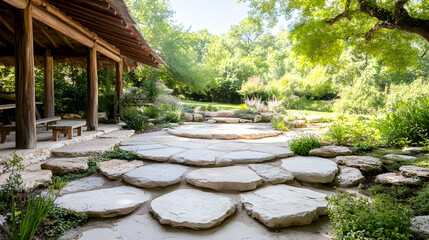 Serene garden path leads to a tranquil patio area with lush greenery and wooden structure