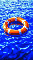 Orange life preserver floats in blue water; calm sea background; safety, rescue, hope concept; ideal for insurance, travel, or safety brochures