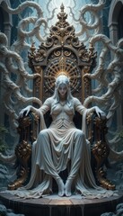 Obraz premium Ethereal queen seated on ornate throne surrounded by intricate vines