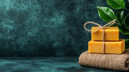 Gift box with soap and towels in a festive decorated room
