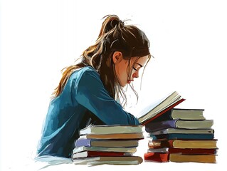 Focused Young Woman Reading a Book Surrounded by a Stack of Books