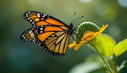 butterfly on flower, Monarch Butterfly and Caterpillar on Orange Flower: Life Cycle in Focus