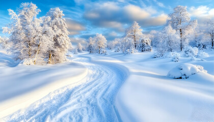Obraz premium Serene winter landscape with snow-covered trees and winding path under a vibrant blue sky