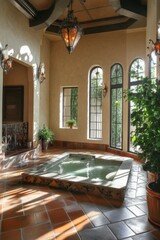 Sunlit Indoor Hot Tub in a Luxurious Mediterranean-Style Spa