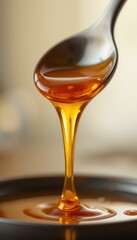 Golden Honey Drizzling from Spoon Over Glazed Surface in Studio Light